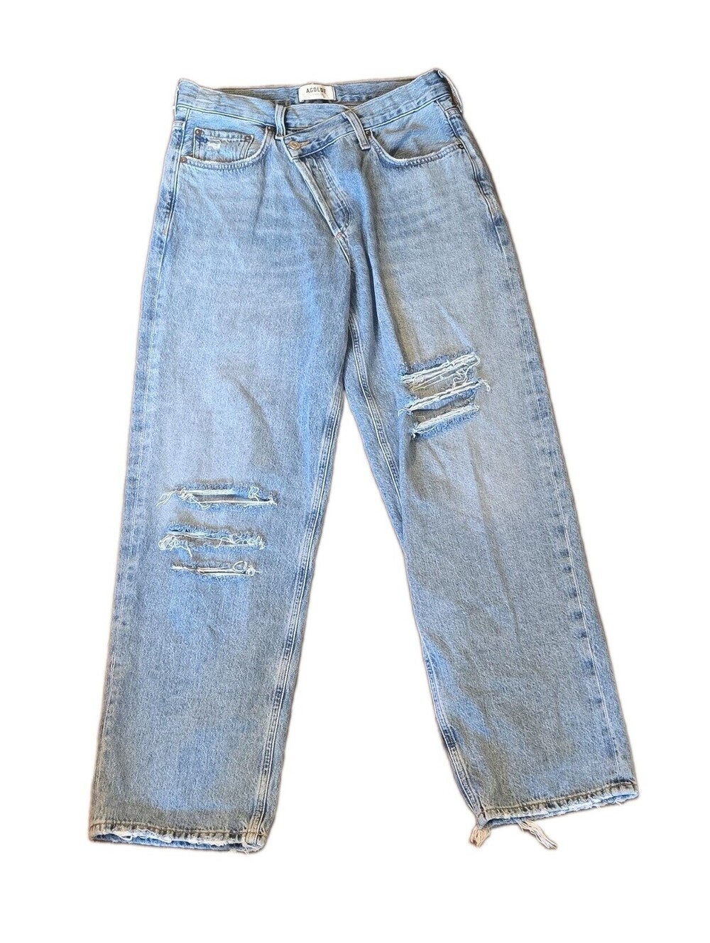 AGOLDE criss cross 27 Light Wash Distressed High Rise Straight button fly